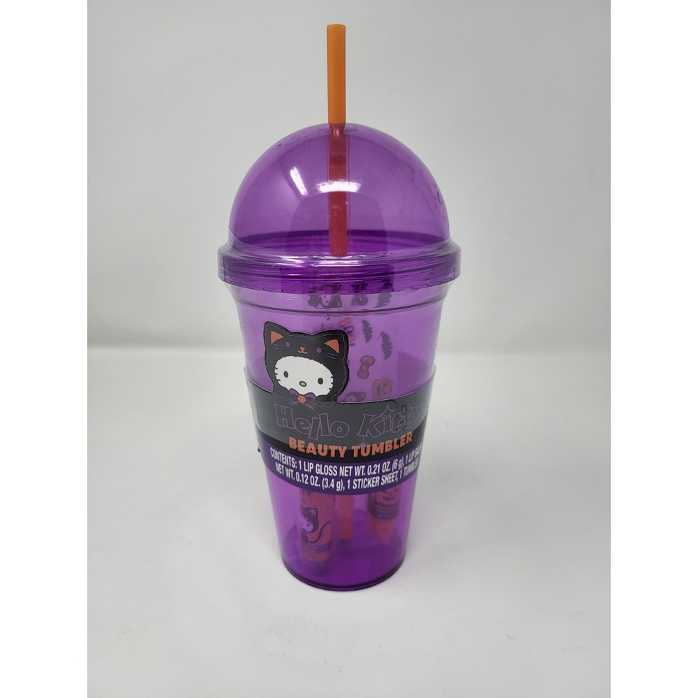 Hello Kitty 12 Oz Tumbler Halloween Theme Beauty Lip Gloss Purple with Straw New